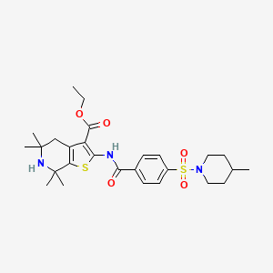 molecular formula C27H37N3O5S2 B2441477 Ethyl 5,5,7,7-tetramethyl-2-(4-((4-methylpiperidin-1-yl)sulfonyl)benzamido)-4,5,6,7-tetrahydrothieno[2,3-c]pyridine-3-carboxylate CAS No. 449783-12-4