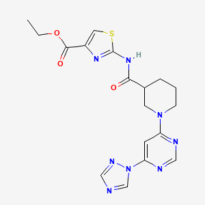 molecular formula C18H20N8O3S B2441887 ethyl 2-(1-(6-(1H-1,2,4-triazol-1-yl)pyrimidin-4-yl)piperidine-3-carboxamido)thiazole-4-carboxylate CAS No. 1797889-26-9