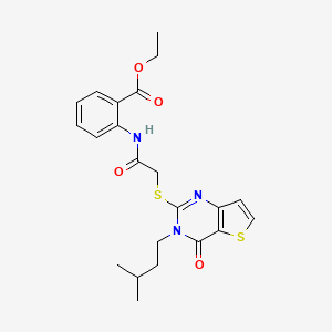 molecular formula C22H25N3O4S2 B2441895 ethyl 2-(2-{[3-(3-methylbutyl)-4-oxo-3H,4H-thieno[3,2-d]pyrimidin-2-yl]sulfanyl}acetamido)benzoate CAS No. 1252900-21-2