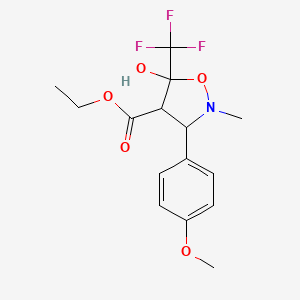 molecular formula C15H18F3NO5 B2441965 ethyl 5-hydroxy-3-(4-methoxyphenyl)-2-methyl-5-(trifluoromethyl)-1,2-oxazolidine-4-carboxylate CAS No. 321391-89-3