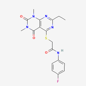 molecular formula C18H18FN5O3S B2442057 2-((2-ethyl-6,8-dimethyl-5,7-dioxo-5,6,7,8-tetrahydropyrimido[4,5-d]pyrimidin-4-yl)thio)-N-(4-fluorophenyl)acetamide CAS No. 852169-62-1