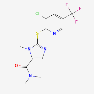 molecular formula C13H12ClF3N4OS B2442321 2-((3-Chloro-5-(trifluoromethyl)-2-pyridinyl)sulfanyl)-N,N,1-trimethyl-1H-imidazole-5-carboxamide CAS No. 338793-59-2