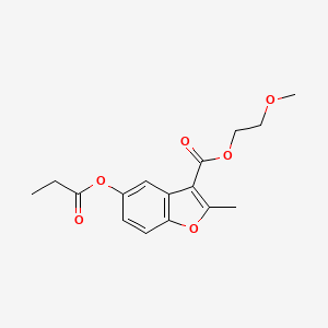 molecular formula C16H18O6 B2442376 2-甲氧基乙基 2-甲基-5-(丙酰氧基)-1-苯并呋喃-3-甲酸酯 CAS No. 300556-90-5