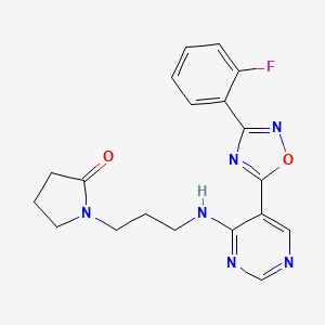 molecular formula C19H19FN6O2 B2442436 1-(3-((5-(3-(2-Fluorophenyl)-1,2,4-oxadiazol-5-yl)pyrimidin-4-yl)amino)propyl)pyrrolidin-2-one CAS No. 2034511-68-5