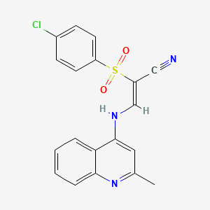 molecular formula C19H14ClN3O2S B2442447 2-((4-Chlorophenyl)sulfonyl)-3-((2-methyl(4-quinolyl))amino)prop-2-enenitrile CAS No. 1025130-03-3