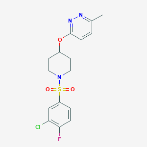 molecular formula C16H17ClFN3O3S B2442485 3-((1-((3-Chloro-4-fluorophenyl)sulfonyl)piperidin-4-yl)oxy)-6-methylpyridazine CAS No. 1797857-09-0