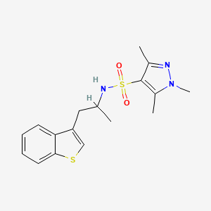 B2442493 N-[1-(1-benzothiophen-3-yl)propan-2-yl]-1,3,5-trimethyl-1H-pyrazole-4-sulfonamide CAS No. 2097901-42-1