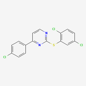 molecular formula C16H9Cl3N2S B2442497 4-(4-Chlorophenyl)-2-[(2,5-dichlorophenyl)sulfanyl]pyrimidine CAS No. 339105-99-6