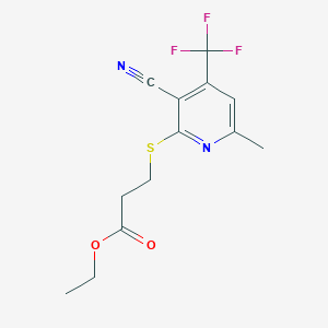 molecular formula C13H13F3N2O2S B2442503 Ethyl 3-[3-cyano-6-methyl-4-(trifluoromethyl)-2-pyridylthio]propanoate CAS No. 625377-27-7