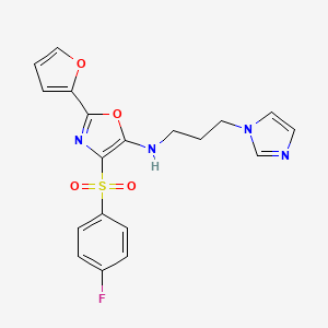 molecular formula C19H17FN4O4S B2442538 N-(3-(1H-imidazol-1-yl)propyl)-4-((4-fluorophenyl)sulfonyl)-2-(furan-2-yl)oxazol-5-amine CAS No. 855714-91-9