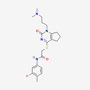 molecular formula C21H27FN4O2S B2442579 2-({1-[3-(dimethylamino)propyl]-2-oxo-1H,2H,5H,6H,7H-cyclopenta[d]pyrimidin-4-yl}sulfanyl)-N-(3-fluoro-4-methylphenyl)acetamide CAS No. 946324-89-6