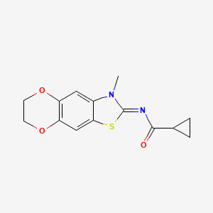 molecular formula C14H14N2O3S B2442713 N-[(5E)-6-methyl-10,13-dioxa-4-thia-6-azatricyclo[7.4.0.0^{3,7}]trideca-1,3(7),8-trien-5-ylidene]cyclopropanecarboxamide CAS No. 1321694-24-9