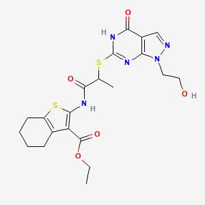 molecular formula C21H25N5O5S2 B2442809 ethyl 2-(2-((1-(2-hydroxyethyl)-4-oxo-4,5-dihydro-1H-pyrazolo[3,4-d]pyrimidin-6-yl)thio)propanamido)-4,5,6,7-tetrahydrobenzo[b]thiophene-3-carboxylate CAS No. 932514-19-7