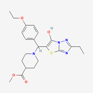molecular formula C22H28N4O4S B2442937 Methyl 1-((4-ethoxyphenyl)(2-ethyl-6-hydroxythiazolo[3,2-b][1,2,4]triazol-5-yl)methyl)piperidine-4-carboxylate CAS No. 898345-30-7