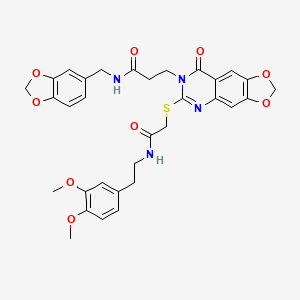 molecular formula C32H32N4O9S B2442949 N-[(2H-1,3-benzodioxol-5-yl)methyl]-3-{6-[({[2-(3,4-dimethoxyphenyl)ethyl]carbamoyl}methyl)sulfanyl]-8-oxo-2H,7H,8H-[1,3]dioxolo[4,5-g]quinazolin-7-yl}propanamide CAS No. 688059-53-2