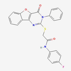 molecular formula C24H16FN3O3S B2443125 N-(4-fluorophenyl)-2-({6-oxo-5-phenyl-8-oxa-3,5-diazatricyclo[7.4.0.0^{2,7}]trideca-1(9),2(7),3,10,12-pentaen-4-yl}sulfanyl)acetamide CAS No. 866873-46-3