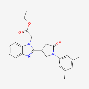 molecular formula C23H25N3O3 B2443285 ethyl 2-{2-[1-(3,5-dimethylphenyl)-5-oxopyrrolidin-3-yl]-1H-1,3-benzodiazol-1-yl}acetate CAS No. 890638-70-7