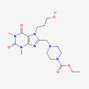 molecular formula C18H28N6O5 B2443296 ethyl 4-{[7-(3-hydroxypropyl)-1,3-dimethyl-2,6-dioxo-2,3,6,7-tetrahydro-1H-purin-8-yl]methyl}piperazine-1-carboxylate CAS No. 851941-49-6