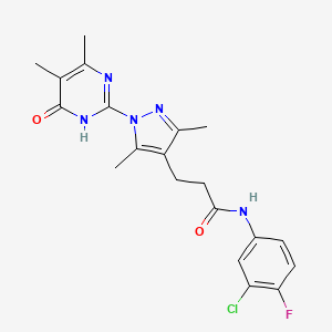 molecular formula C20H21ClFN5O2 B2443481 N-(3-chloro-4-fluorophenyl)-3-(1-(4,5-dimethyl-6-oxo-1,6-dihydropyrimidin-2-yl)-3,5-dimethyl-1H-pyrazol-4-yl)propanamide CAS No. 1170535-23-5