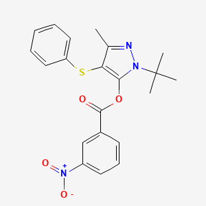 molecular formula C21H21N3O4S B2443490 1-tert-butyl-3-methyl-4-(phenylsulfanyl)-1H-pyrazol-5-yl 3-nitrobenzoate CAS No. 851127-15-6