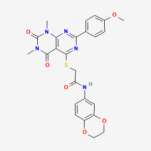 molecular formula C25H23N5O6S B2443562 N-(2,3-dihydrobenzo[b][1,4]dioxin-6-yl)-2-((2-(4-methoxyphenyl)-6,8-dimethyl-5,7-dioxo-5,6,7,8-tetrahydropyrimido[4,5-d]pyrimidin-4-yl)thio)acetamide CAS No. 852168-59-3
