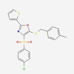 molecular formula C21H16ClNO3S3 B2443758 4-((4-Chlorophenyl)sulfonyl)-5-((4-methylbenzyl)thio)-2-(thiophen-2-yl)oxazole CAS No. 850928-18-6