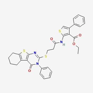 molecular formula C32H29N3O4S3 B2443773 ethyl 2-[3-({3-oxo-4-phenyl-8-thia-4,6-diazatricyclo[7.4.0.0^{2,7}]trideca-1(9),2(7),5-trien-5-yl}sulfanyl)propanamido]-4-phenylthiophene-3-carboxylate CAS No. 670273-21-9