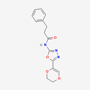 molecular formula C15H15N3O4 B2443774 N-(5-(5,6-dihydro-1,4-dioxin-2-yl)-1,3,4-oxadiazol-2-yl)-3-phenylpropanamide CAS No. 851095-04-0