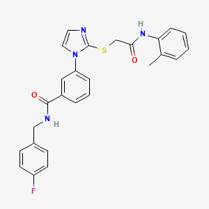 molecular formula C26H23FN4O2S B2443913 N-[(4-fluorophenyl)methyl]-3-[2-({[(2-methylphenyl)carbamoyl]methyl}sulfanyl)-1H-imidazol-1-yl]benzamide CAS No. 1115564-55-0