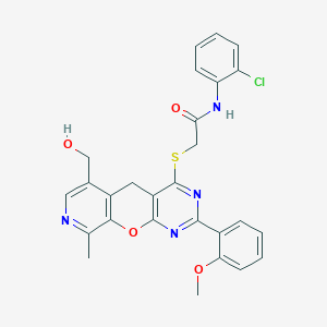 molecular formula C27H23ClN4O4S B2444020 N-(2-chlorophenyl)-2-[[11-(hydroxymethyl)-5-(2-methoxyphenyl)-14-methyl-2-oxa-4,6,13-triazatricyclo[8.4.0.03,8]tetradeca-1(10),3(8),4,6,11,13-hexaen-7-yl]sulfanyl]acetamide CAS No. 892380-20-0