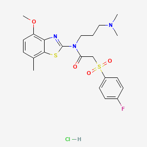 molecular formula C22H27ClFN3O4S2 B2444240 N-(3-(dimethylamino)propyl)-2-((4-fluorophenyl)sulfonyl)-N-(4-methoxy-7-methylbenzo[d]thiazol-2-yl)acetamide hydrochloride CAS No. 1177476-37-7
