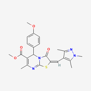 molecular formula C23H24N4O4S B2444307 (E)-methyl 5-(4-methoxyphenyl)-7-methyl-3-oxo-2-((1,3,5-trimethyl-1H-pyrazol-4-yl)methylene)-3,5-dihydro-2H-thiazolo[3,2-a]pyrimidine-6-carboxylate CAS No. 492425-89-5
