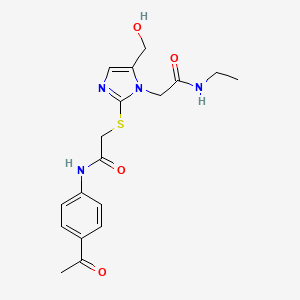 molecular formula C18H22N4O4S B2444439 N-(4-acetylphenyl)-2-({1-[(ethylcarbamoyl)methyl]-5-(hydroxymethyl)-1H-imidazol-2-yl}sulfanyl)acetamide CAS No. 923244-78-4