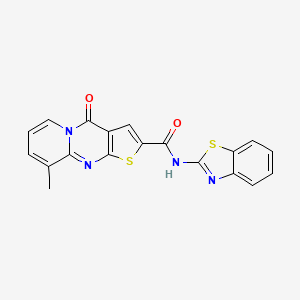 molecular formula C19H12N4O2S2 B2444471 N-(1,3-benzothiazol-2-yl)-10-methyl-2-oxo-6-thia-1,8-diazatricyclo[7.4.0.0^{3,7}]trideca-3(7),4,8,10,12-pentaene-5-carboxamide CAS No. 690252-15-4