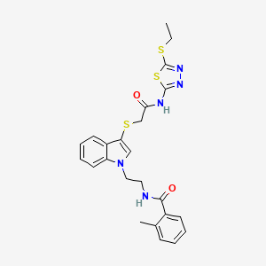 molecular formula C24H25N5O2S3 B2444495 N-(2-{3-[({[5-(ethylsulfanyl)-1,3,4-thiadiazol-2-yl]carbamoyl}methyl)sulfanyl]-1H-indol-1-yl}ethyl)-2-methylbenzamide CAS No. 532970-41-5