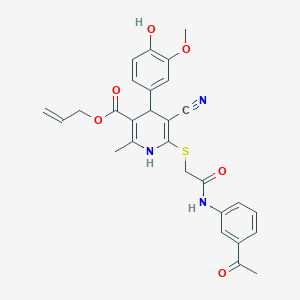 molecular formula C28H27N3O6S B2444607 Allyl 6-((2-((3-acetylphenyl)amino)-2-oxoethyl)thio)-5-cyano-4-(4-hydroxy-3-methoxyphenyl)-2-methyl-1,4-dihydropyridine-3-carboxylate CAS No. 442556-45-8