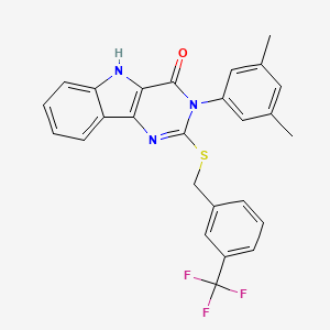 molecular formula C26H20F3N3OS B2444624 3-(3,5-dimethylphenyl)-2-({[3-(trifluoromethyl)phenyl]methyl}sulfanyl)-3H,4H,5H-pyrimido[5,4-b]indol-4-one CAS No. 536706-02-2