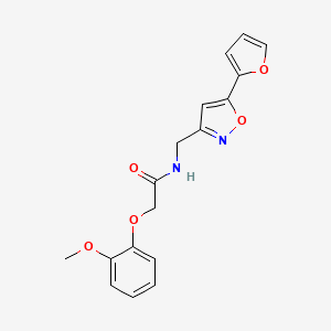 molecular formula C17H16N2O5 B2444791 N-((5-(furan-2-yl)isoxazol-3-yl)methyl)-2-(2-methoxyphenoxy)acetamide CAS No. 1105204-63-4