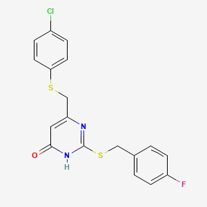molecular formula C18H14ClFN2OS2 B2444930 6-{[(4-Chlorophenyl)sulfanyl]methyl}-2-[(4-fluorobenzyl)sulfanyl]-4-pyrimidinol CAS No. 860609-65-0