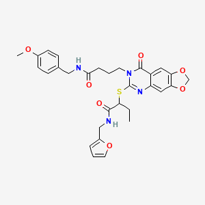molecular formula C30H32N4O7S B2445117 N-[(furan-2-yl)methyl]-2-{[7-(3-{[(4-methoxyphenyl)methyl]carbamoyl}propyl)-8-oxo-2H,7H,8H-[1,3]dioxolo[4,5-g]quinazolin-6-yl]sulfanyl}butanamide CAS No. 688060-10-8