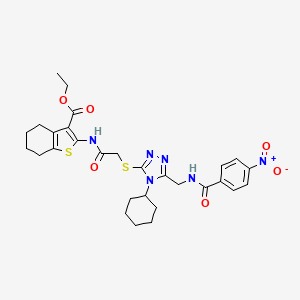 molecular formula C29H34N6O6S2 B2445170 ethyl 2-(2-((4-cyclohexyl-5-((4-nitrobenzamido)methyl)-4H-1,2,4-triazol-3-yl)thio)acetamido)-4,5,6,7-tetrahydrobenzo[b]thiophene-3-carboxylate CAS No. 393849-10-0