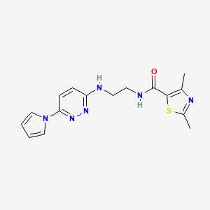 molecular formula C16H18N6OS B2445359 N-(2-((6-(1H-pyrrol-1-yl)pyridazin-3-yl)amino)ethyl)-2,4-dimethylthiazole-5-carboxamide CAS No. 1396685-21-4