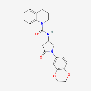 molecular formula C22H23N3O4 B2445575 N-(1-(2,3-dihydrobenzo[b][1,4]dioxin-6-yl)-5-oxopyrrolidin-3-yl)-3,4-dihydroquinoline-1(2H)-carboxamide CAS No. 877640-96-5