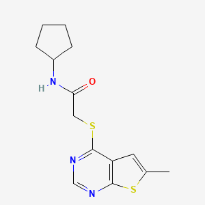 molecular formula C14H17N3OS2 B2445760 N-cyclopentyl-2-(6-methylthieno[2,3-d]pyrimidin-4-yl)sulfanylacetamide CAS No. 876886-49-6