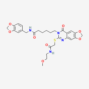 molecular formula C28H32N4O8S B2445812 N-[(2H-1,3-benzodioxol-5-yl)methyl]-6-[6-({[(2-methoxyethyl)carbamoyl]methyl}sulfanyl)-8-oxo-2H,7H,8H-[1,3]dioxolo[4,5-g]quinazolin-7-yl]hexanamide CAS No. 896682-25-0