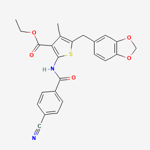 molecular formula C24H20N2O5S B2445911 ethyl 5-[(2H-1,3-benzodioxol-5-yl)methyl]-2-(4-cyanobenzamido)-4-methylthiophene-3-carboxylate CAS No. 476365-68-1