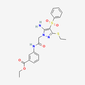 molecular formula C22H24N4O5S2 B2446143 ethyl 3-{2-[5-amino-4-(benzenesulfonyl)-3-(ethylsulfanyl)-1H-pyrazol-1-yl]acetamido}benzoate CAS No. 1019099-67-2