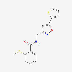 molecular formula C16H14N2O2S2 B2446176 2-(methylthio)-N-((5-(thiophen-2-yl)isoxazol-3-yl)methyl)benzamide CAS No. 953188-65-3