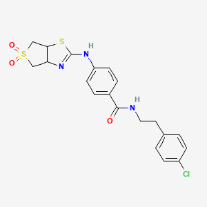 molecular formula C20H20ClN3O3S2 B2446388 N-(4-chlorophenethyl)-4-((5,5-dioxido-3a,4,6,6a-tetrahydrothieno[3,4-d]thiazol-2-yl)amino)benzamide CAS No. 865656-55-9