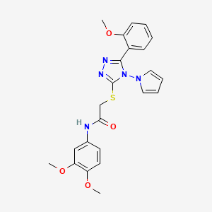 molecular formula C23H23N5O4S B2446441 N-(3,4-dimethoxyphenyl)-2-{[5-(2-methoxyphenyl)-4-(1H-pyrrol-1-yl)-4H-1,2,4-triazol-3-yl]sulfanyl}acetamide CAS No. 896315-75-6